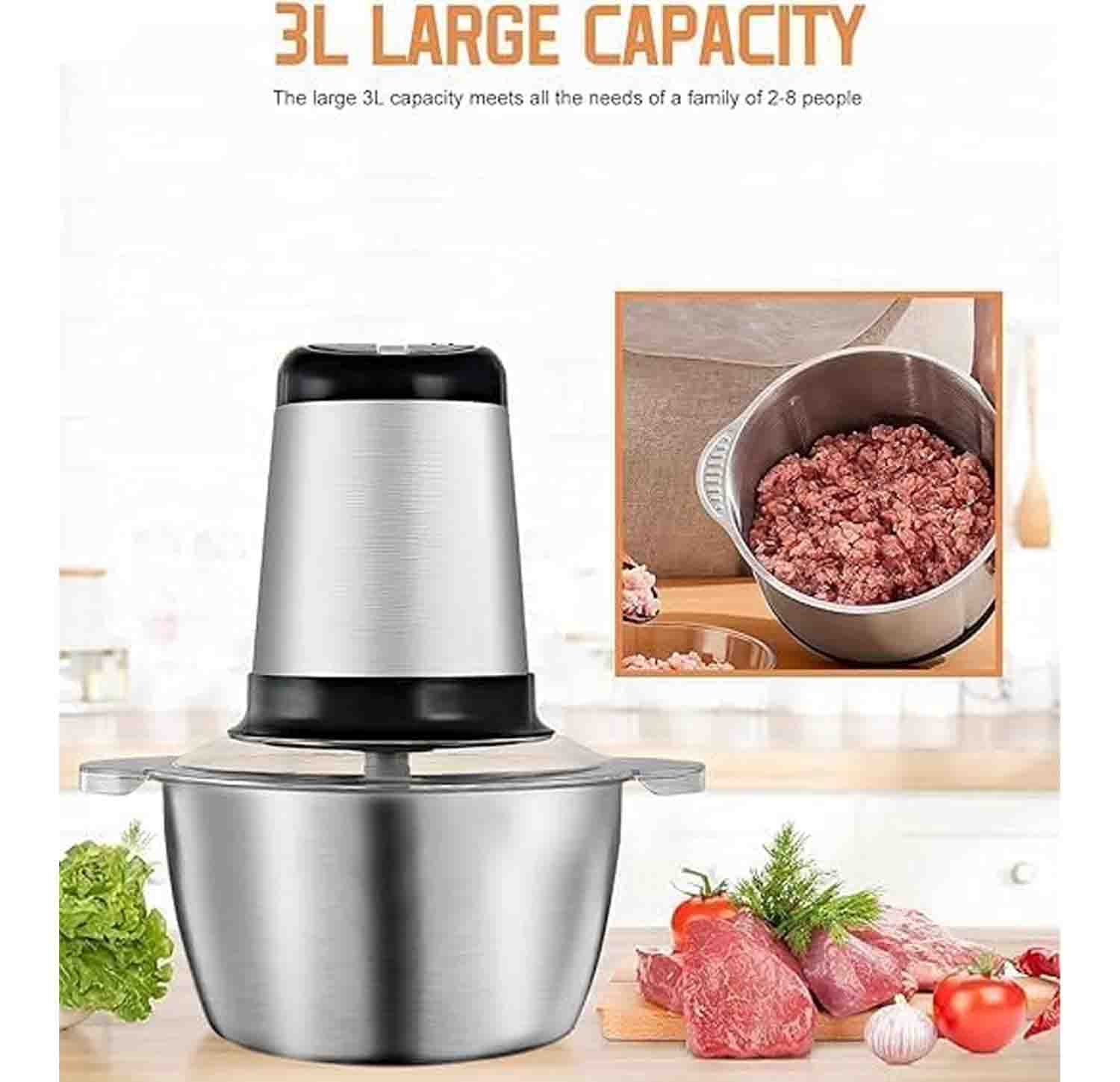 Electric Meat Chopper and Food Processor, 3L Stainless Steel Bowl, Powerful Motor, 2 Speed Levels, Safety Function, Multi-Use Blender for Meat, Vegetables, Fruits, and Nuts with 4 Sharp Blades 220V Silver