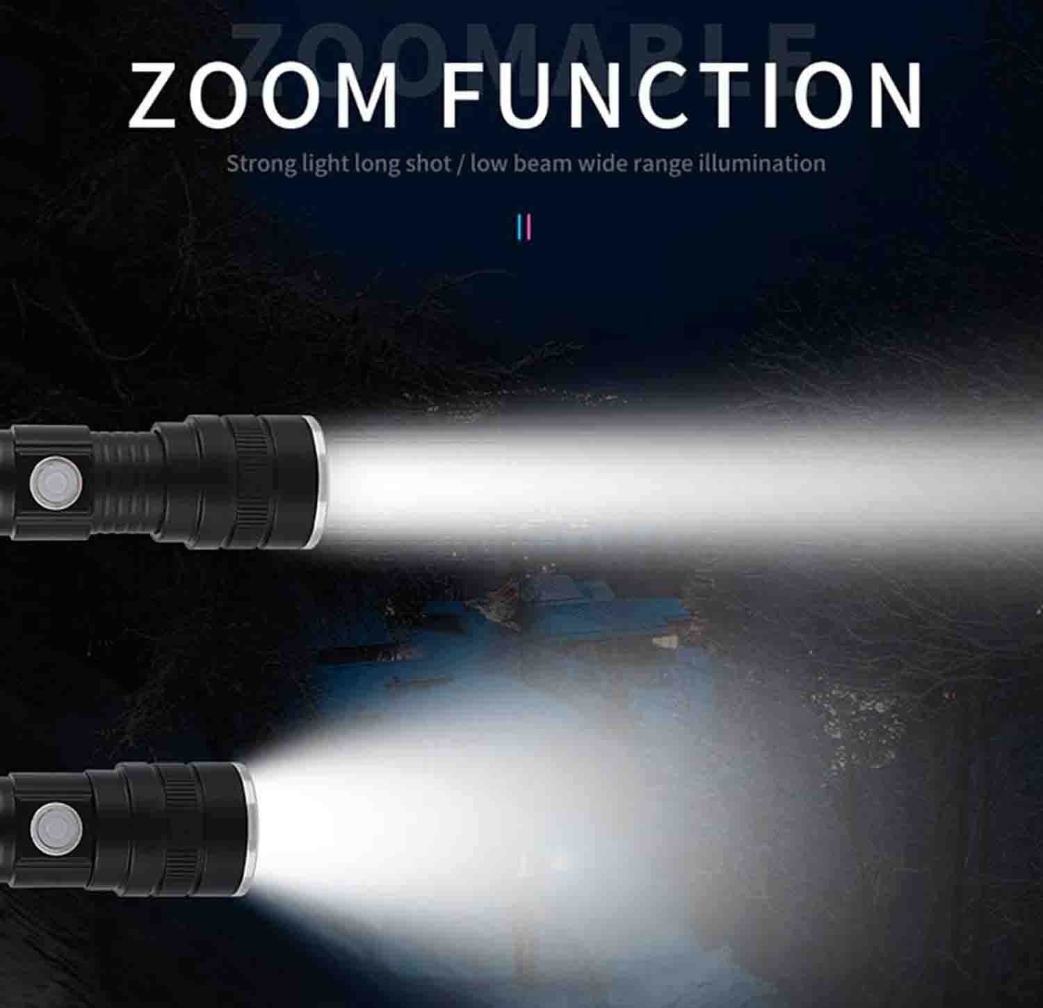 LED Flashlight, USB Rechargeable 6000 Lumen Super Bright P50 Tactical Flashlight, Waterproof with Zoom Function, Built-in Battery for Camping, Hiking, and Emergency Use Black