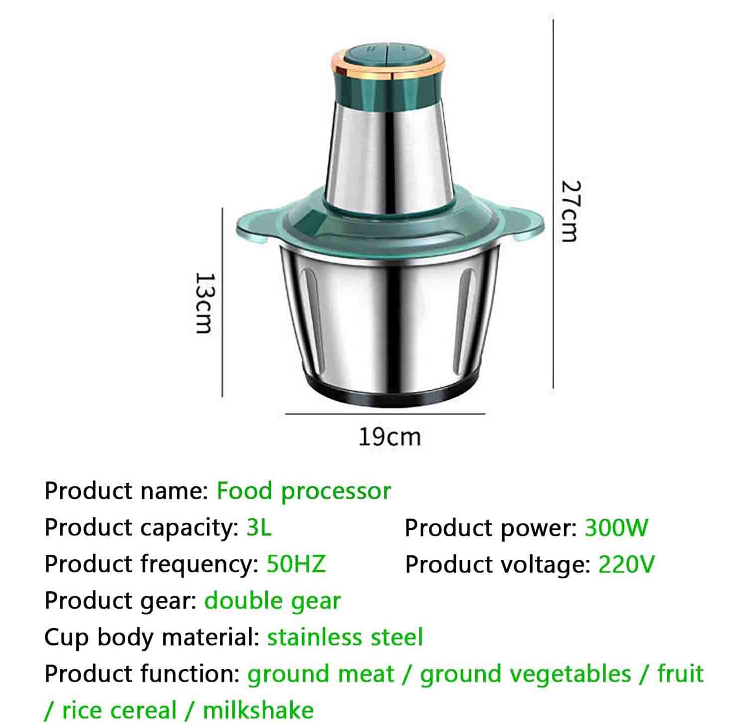 3L Stainless Steel Food Processor for Home Use 2 Speed Settings, Ideal for Meat, Vegetables, Rice Cereal, Milkshakes, Onions, Fruits, Eggs, and Chili