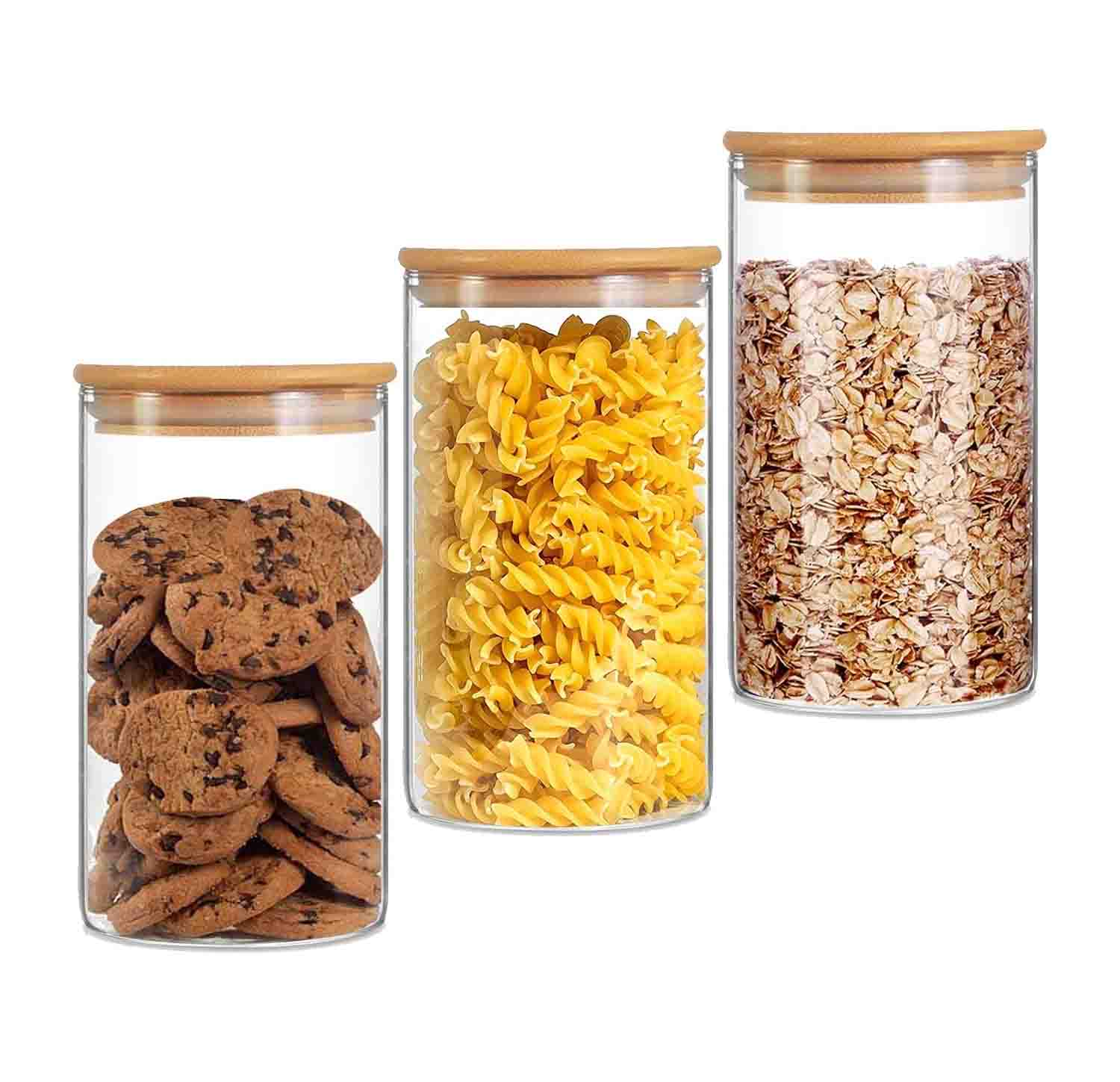 "Set of 3 Glass Food Storage Jars with Airtight Bamboo Lids 750ml (25.36 Fl.oz) High Borosilicate Glass Canisters for Coffee, Flour, Sugar, Cookies, Candy, Spices & More Moisture and Dustproof, Durable and Safe