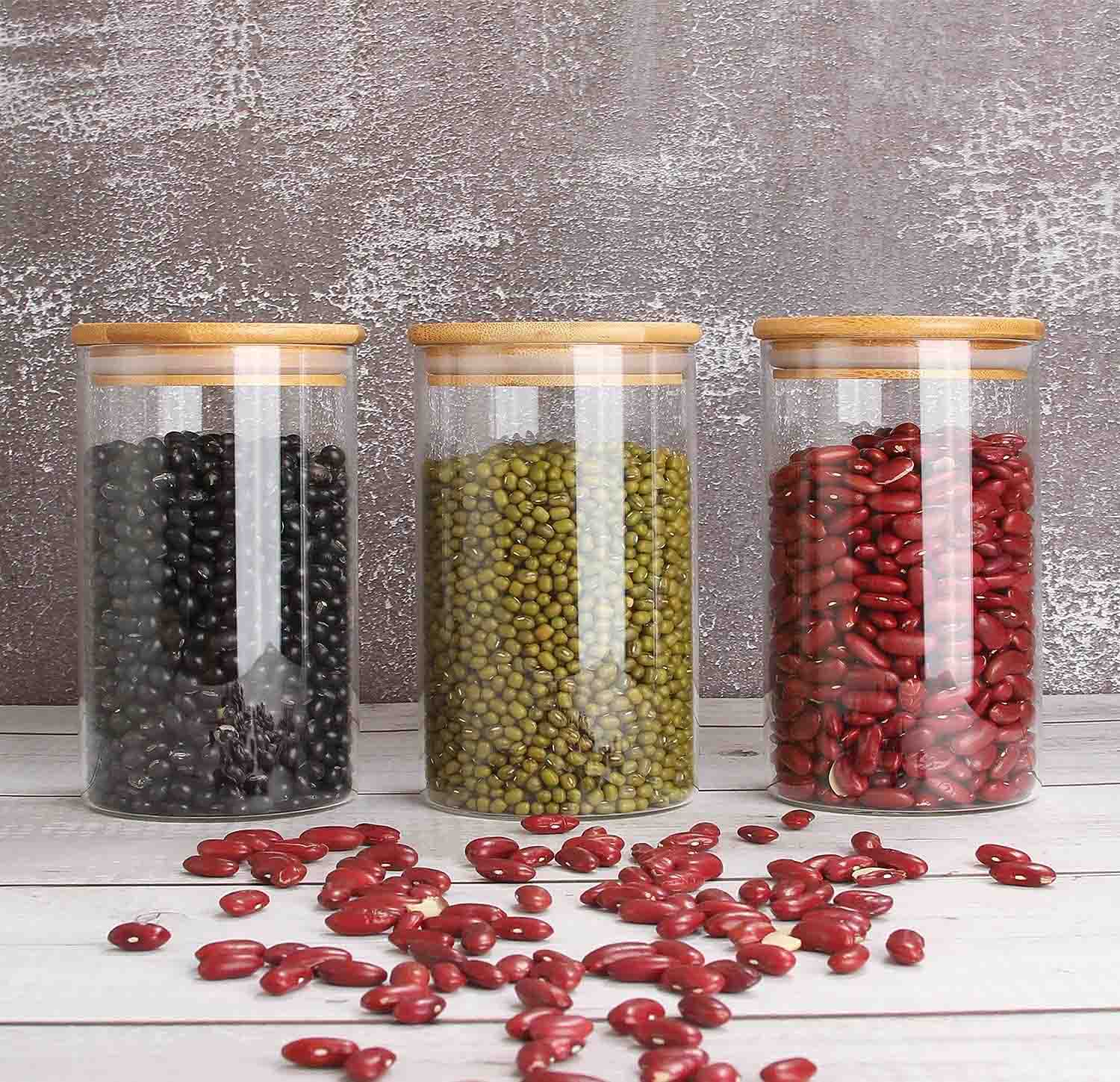 "Set of 3 Glass Food Storage Jars with Airtight Bamboo Lids 750ml (25.36 Fl.oz) High Borosilicate Glass Canisters for Coffee, Flour, Sugar, Cookies, Candy, Spices & More Moisture and Dustproof, Durable and Safe