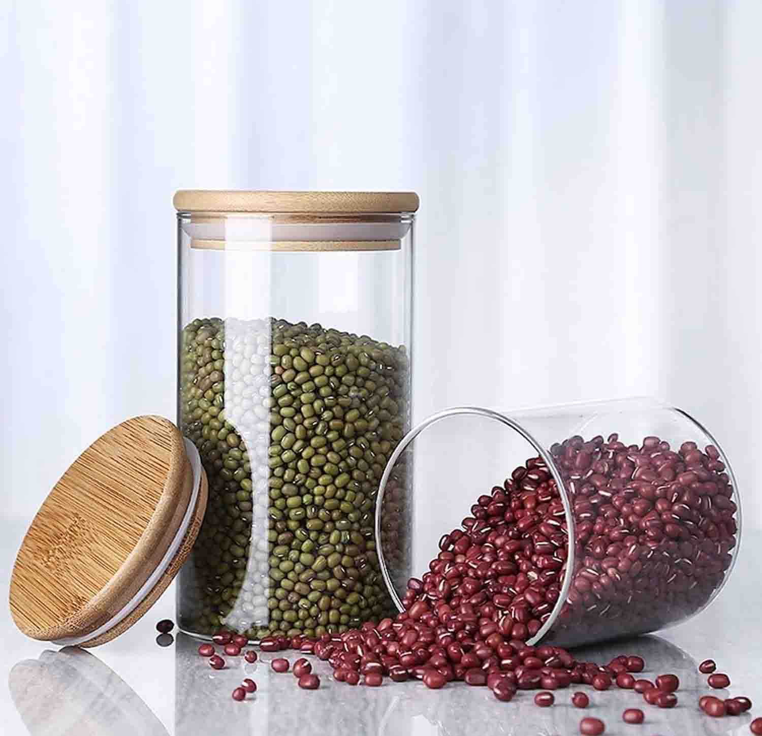 "Set of 3 Glass Food Storage Jars with Airtight Bamboo Lids 750ml (25.36 Fl.oz) High Borosilicate Glass Canisters for Coffee, Flour, Sugar, Cookies, Candy, Spices & More Moisture and Dustproof, Durable and Safe