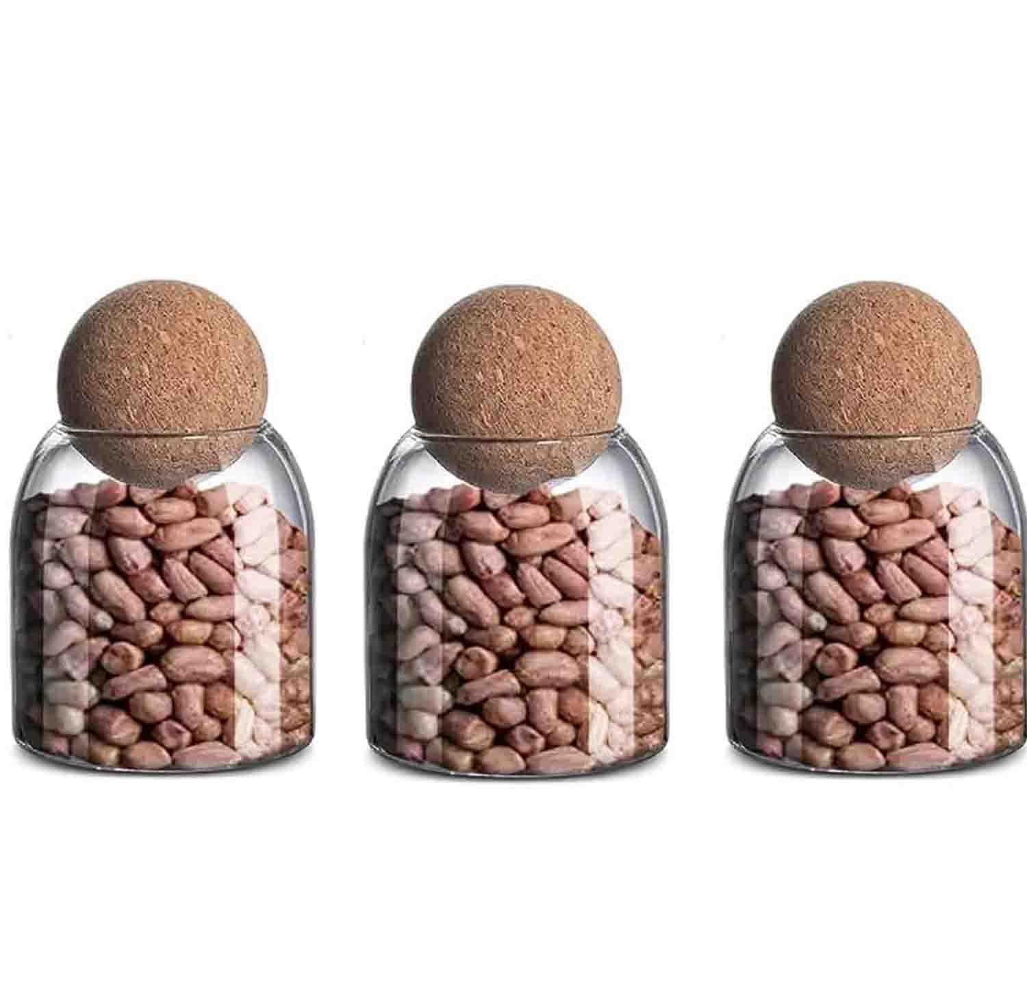 Set of 3 Glass Storage Jars with Cork Lids 400ml Decorative Round Spice Jars Ball Cork Round Glass Bottles with Cork Glass Canisters, Airtight Glass Canisters for Coffee, Tea, Nuts, Flour, Sweets & More