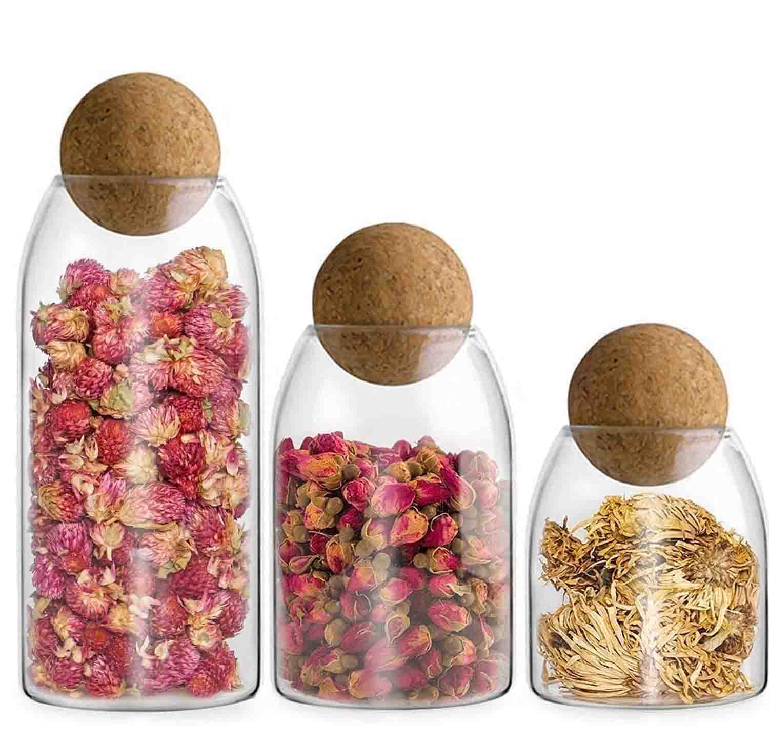 Set of 3 Glass Storage Jars with Cork Lids 400ml Decorative Round Spice Jars Ball Cork Round Glass Bottles with Cork Glass Canisters, Airtight Glass Canisters for Coffee, Tea, Nuts, Flour, Sweets & More