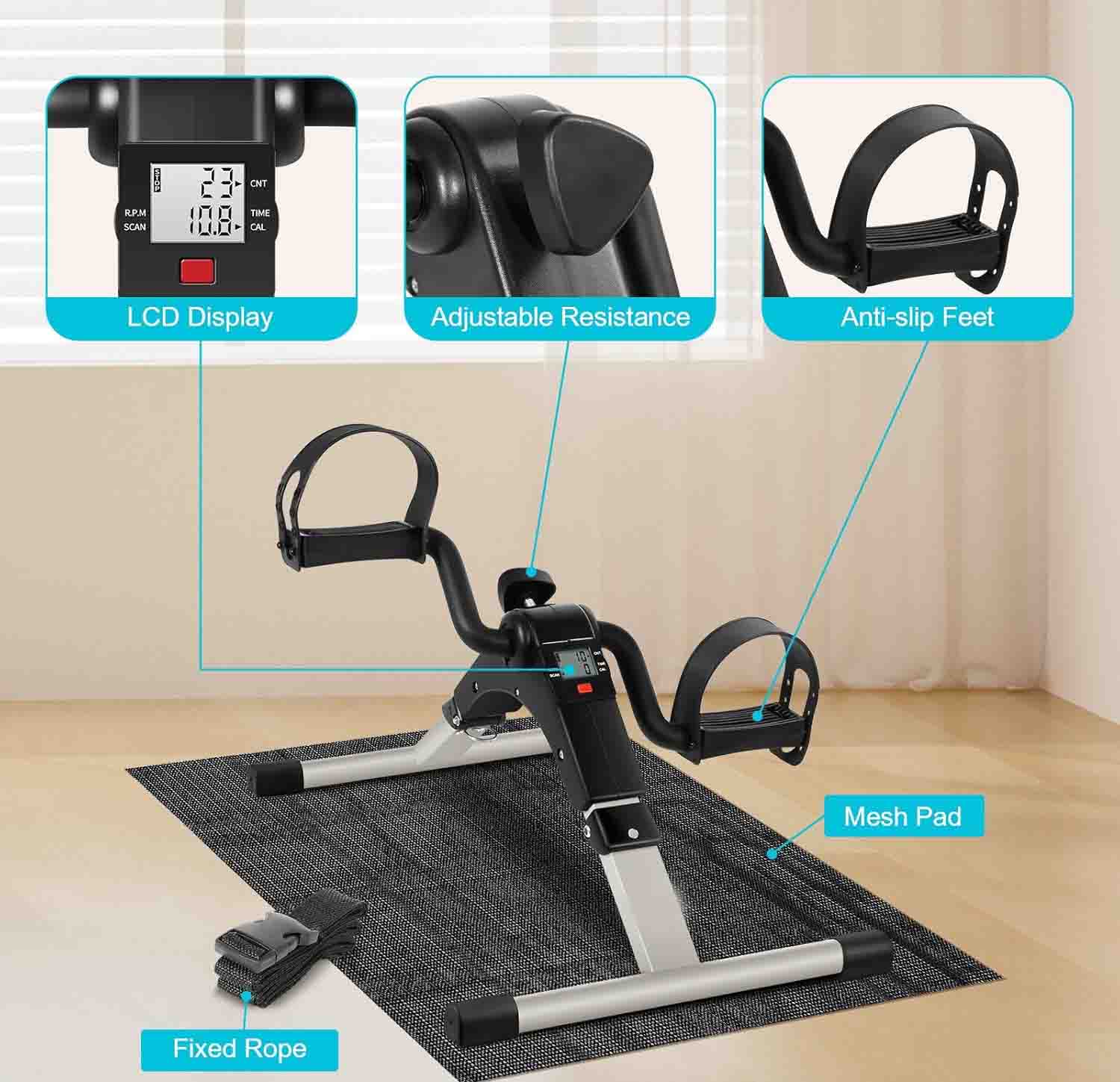 Portable Folding Pedal Exerciser Mini Exercise Bike Arm and Leg Exercise Peddler Machine for Seniors Low Impact Home and Desk Use Fitness Equipment Silver